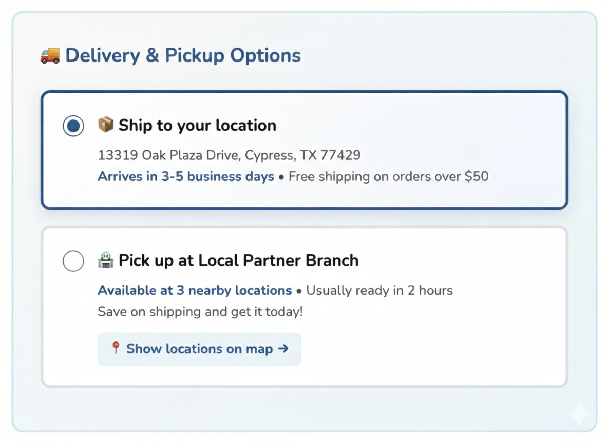 Same-day shipping or pick up at Local Partner Branch